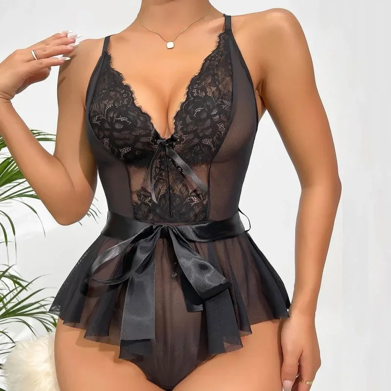 

Shapewear Bow Splicing Lace Backless Perspective Sexy Underwear Onesie Sexy Lingerie Mesh Patchwork Teddy Bodysuit with Waist