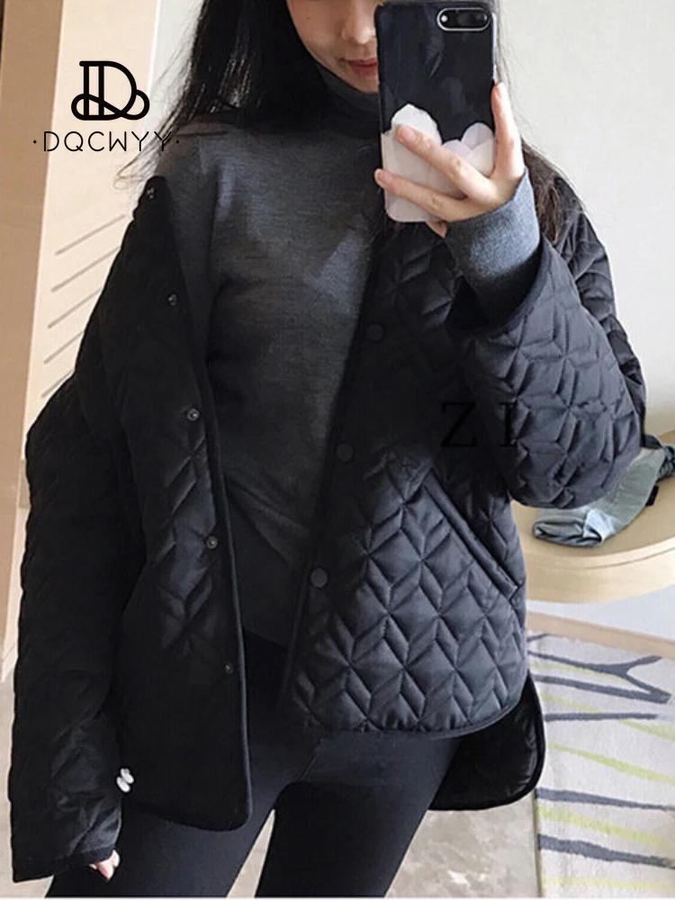 Cotton Jacket Fashionable Design O-neck Diamond Plaid Jacket Women's 2023 New Loose Fitting Retro Light and Thin Woman Clothing