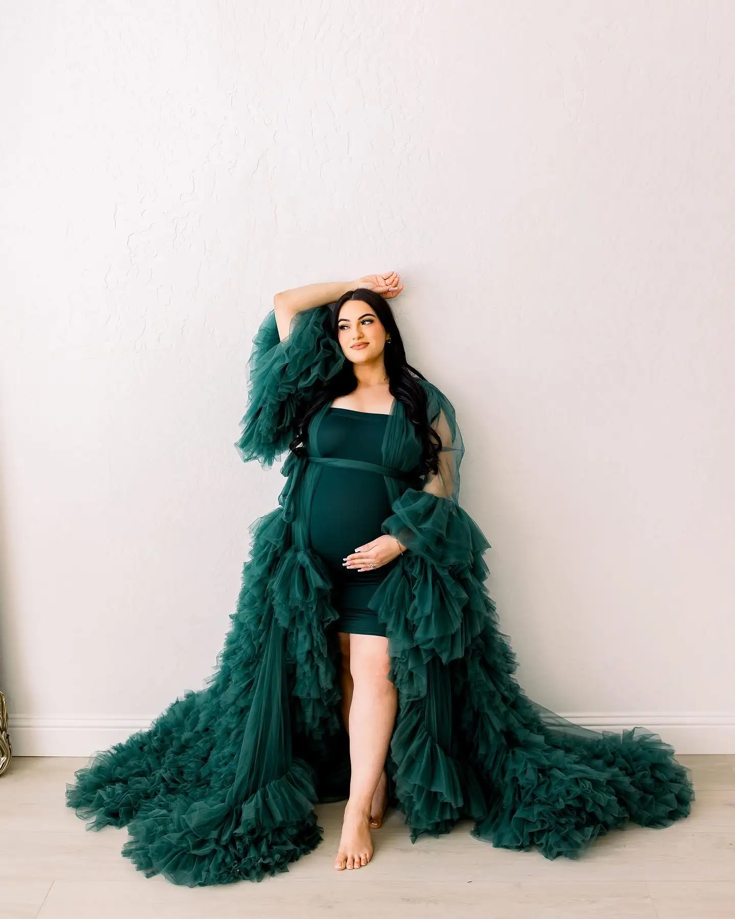 

Dark Green Maternity Dresses for Photo Shoot Robe Puffy Mesh Tulle Kimono Pregnant Full Sleeves Custom Made Prom Dress With Belt