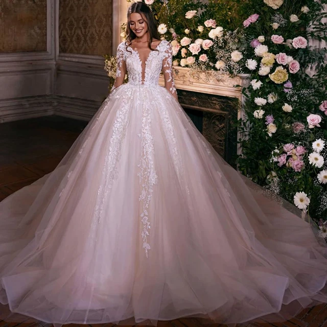 Illusion Square Neck White Long Sleeves Princess Ball Gown Wedding