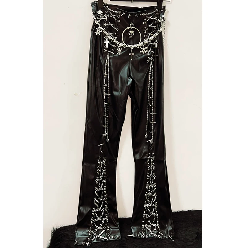 Metal Pendant and Chain Faux Leather Trousers 1