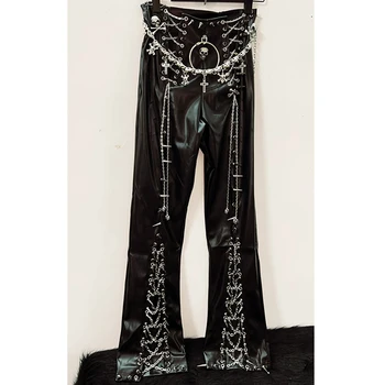 Metal Pendant and Chain Faux Leather Trousers 1