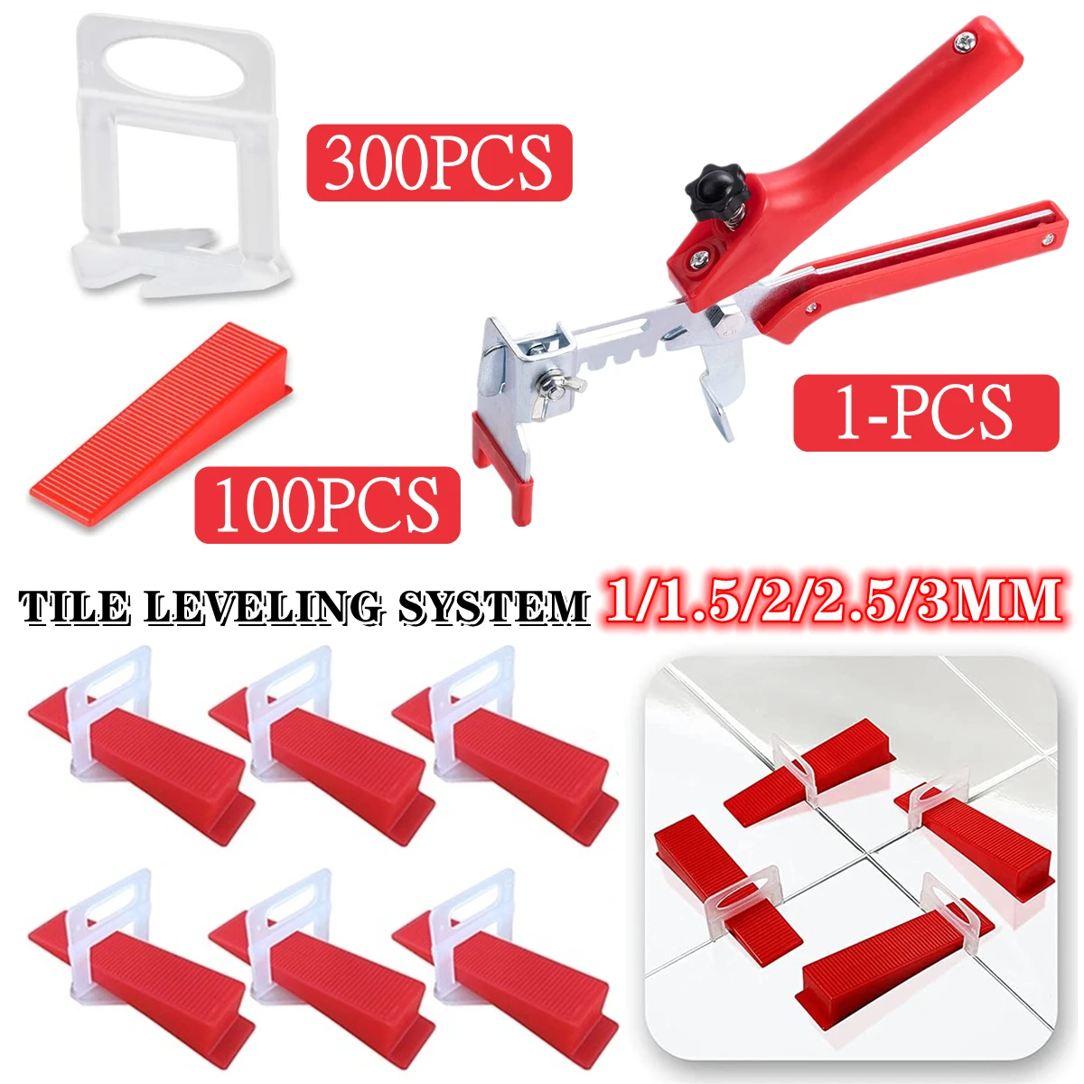 

1-3MM Tile Leveling System with 300Pcs Tile Spacers Clips+100Pcs Wedges+1Pcs Pliers, Tile Leveler Spacers Kit Construction Tools