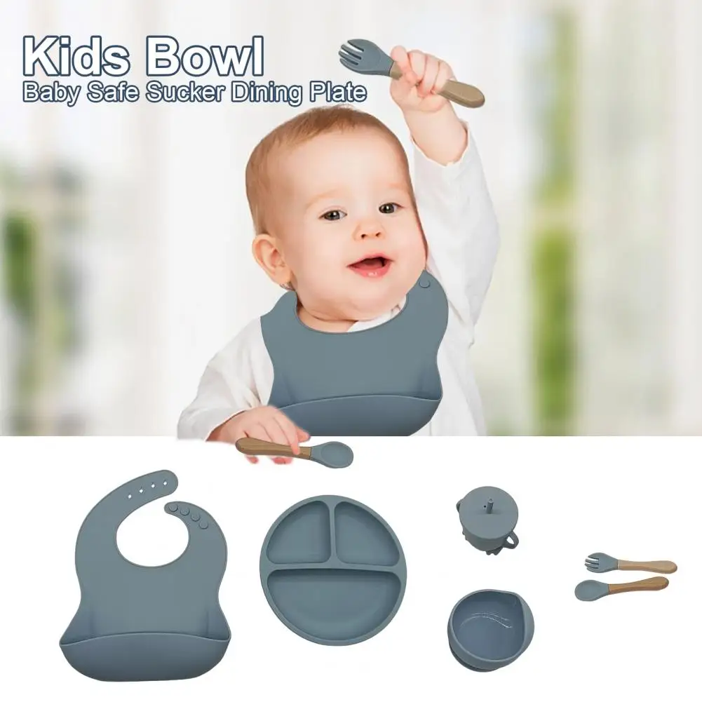 

Набор силиконовых тарелок для кормления ребенка 6 шт., присоска для чаши, нагрудники, ложка, вилка, безопасная обеденная тарелка, детская посуда