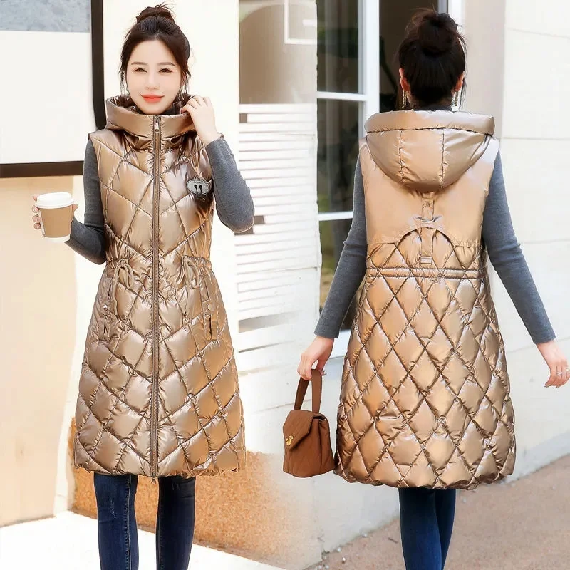 2023 New Women Winter Glossy Cotton Vest Jacket Hooded Warm Padded Long Coat Fashion Female Waistcoat Outerwear Loose Parka