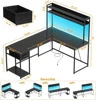 L Shaped Gaming Desk with LED Lights & Power Outlets, Reversible L Shape Computer Desk with Storage Drawer & Shelf 2