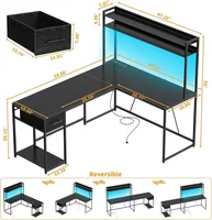L Shaped Gaming Desk with LED Lights & Power Outlets, Reversible L Shape Computer Desk with Storage Drawer & Shelf 2