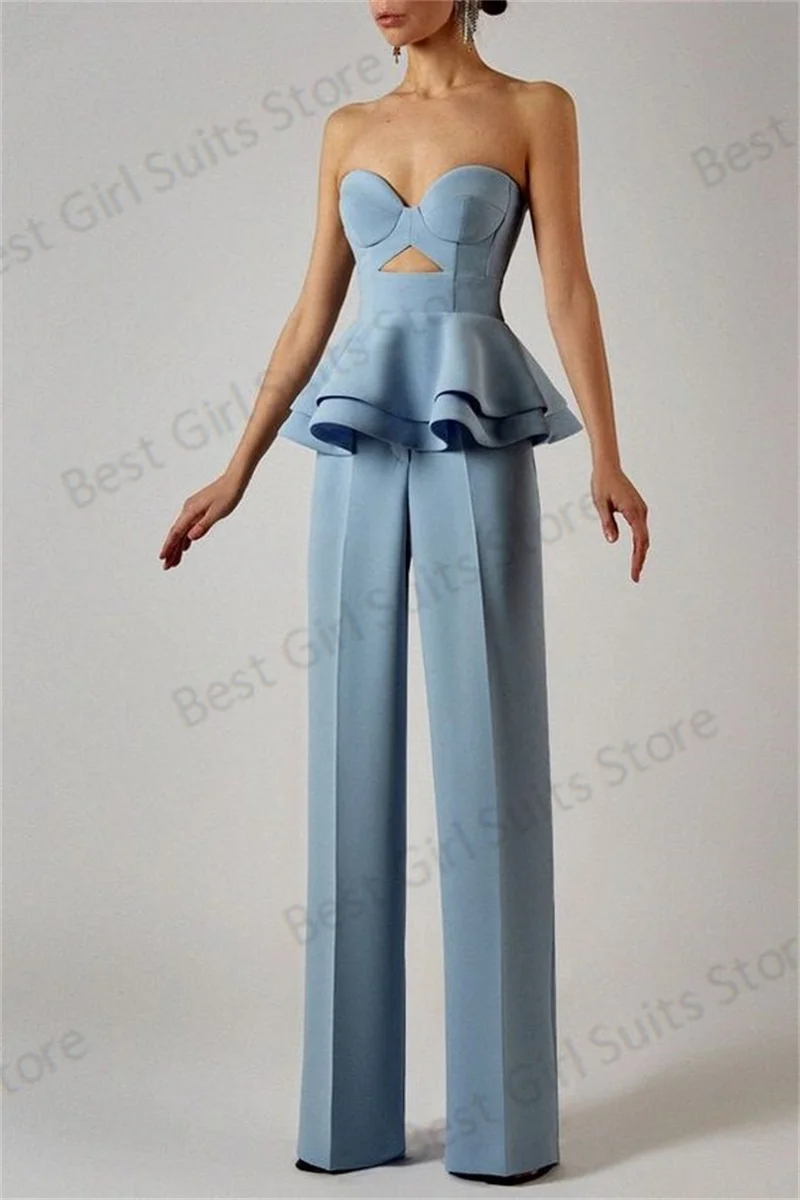 Summer Women Pants Suit Set For Wedding Sexy Hollow Top Outfit+Trousers