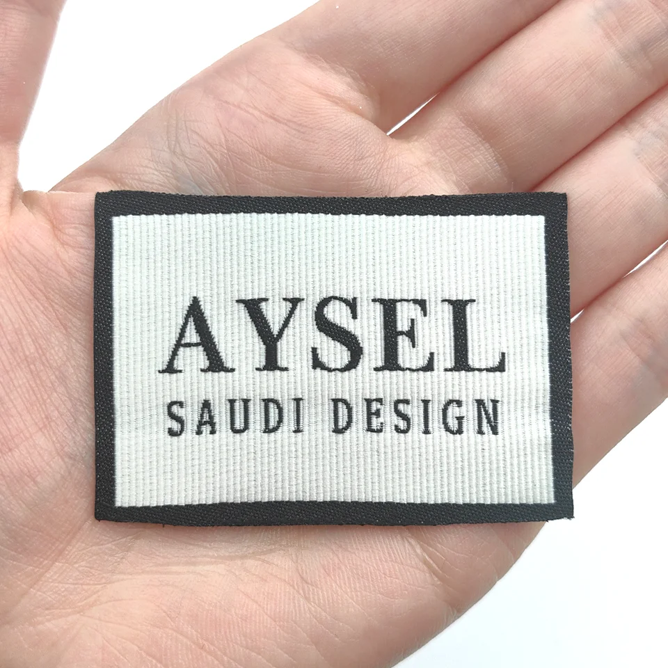 Luxury Woven Labels for Clothing Cut and Fold Textured Damask Embroidery Label Woven Neck Tags Sew on Collar