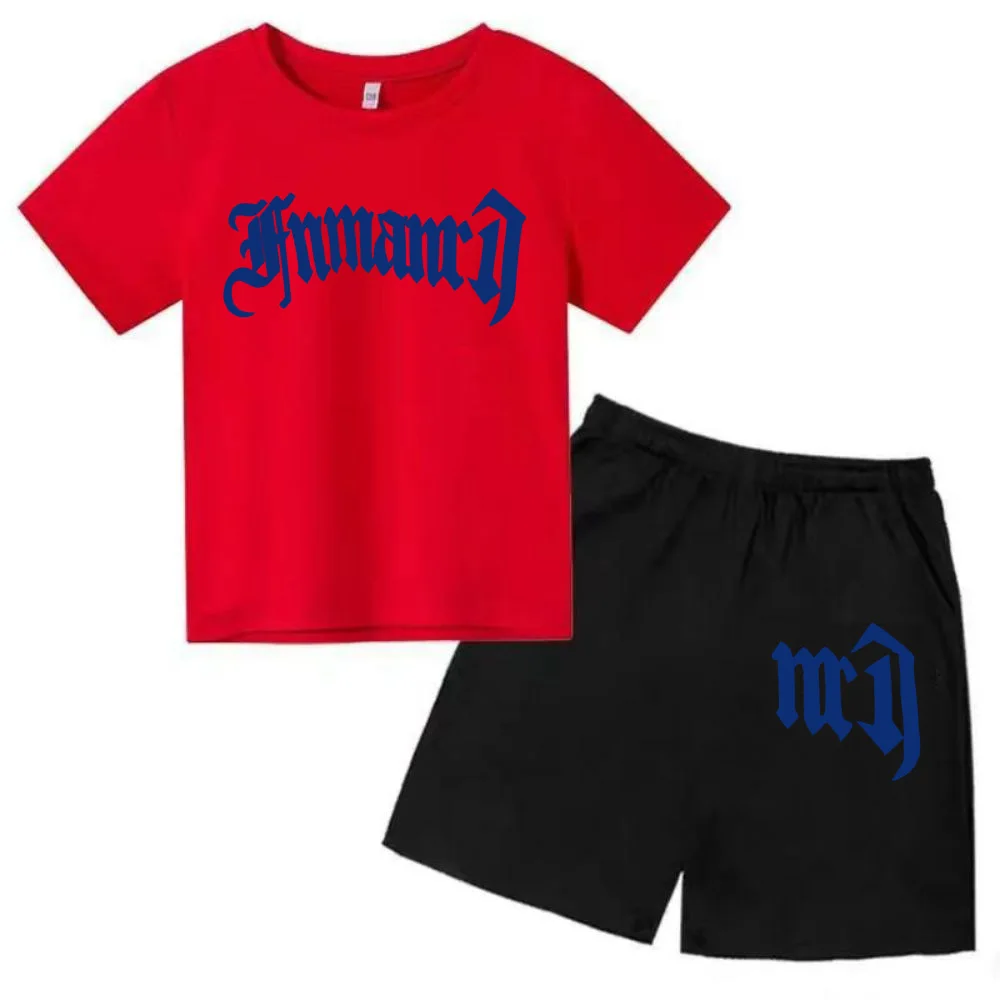 thumbnail image 1 of Ropa para niños con estampado de marca gótica, conjunto de camiseta y pantalones cortos de verano para adolescentes, 2 piezas, manga corta, moda informal para niños y niñas, 1 of 5
