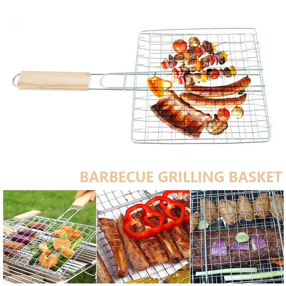 Grill Basket Folding BBQ Net Portable Stainless Steel BBQ Grill Basket With Handle for Fish Vegetables Shrimp Cooking Accessorie