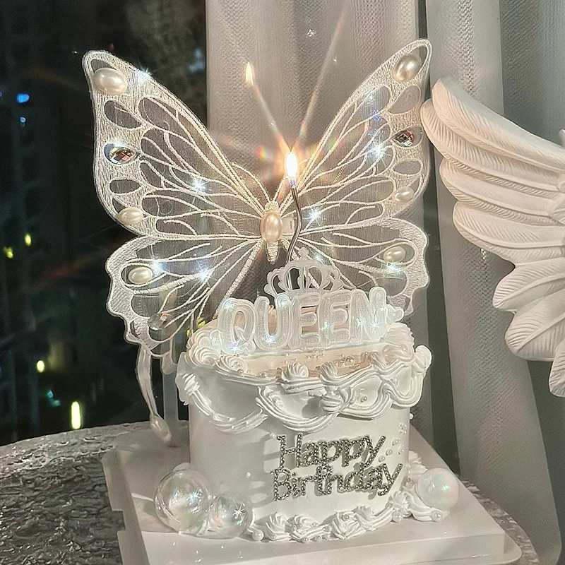 발렌타인 데이 케이크 토퍼 장식 수제 큰 나비 삽입, 생일 축하 LED 라이트 베이킹 용품