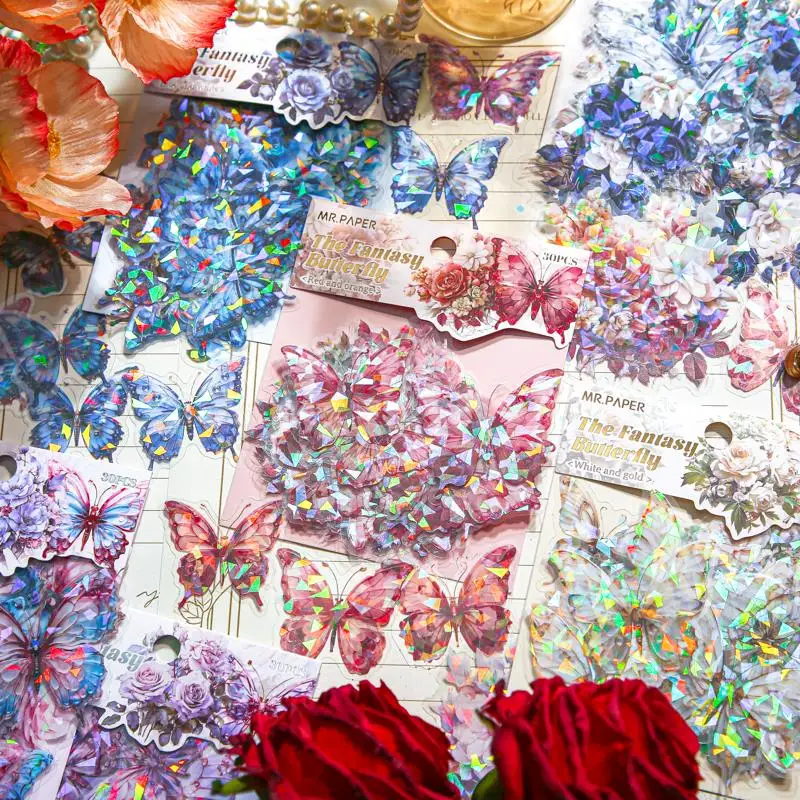 

30Pcs/Pack Assorted Butterfly Pattern Laser Stickers Waterproof Labels Aesthetic Car Phone Labels Decorative Collage Material