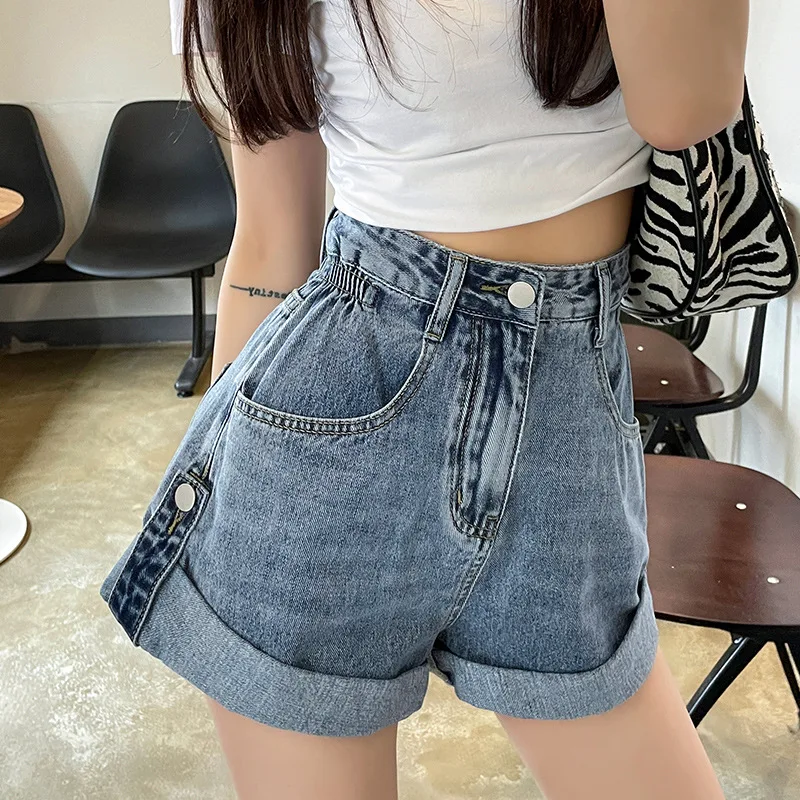 Women's Summer Thin Versatile Casual Wide Leg Pants Spicy Girl Fashion High Waist Retro Rolled Edge Denim Shorts