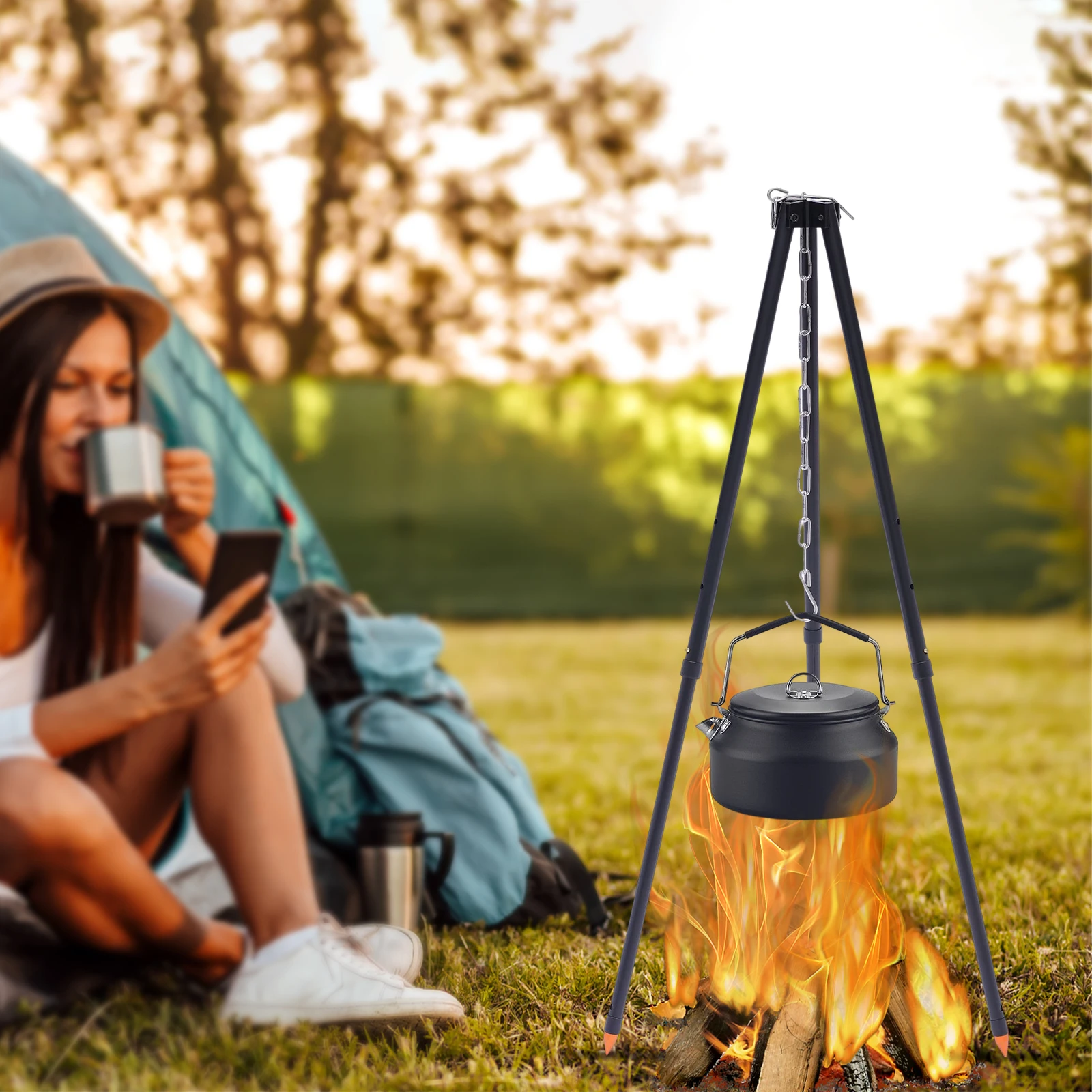 Camping tripé lanterna cabide com armazenamento saco, acampamento ao ar livre aço inoxidável triângulo pendurado pote rack