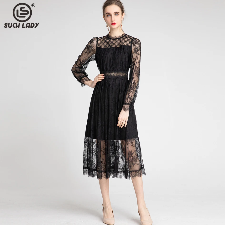 

Women's Runway Dress O Neck Long Sleeves Embroidery Lace Sexy Tulle Laid Over Fashion Party Dresses