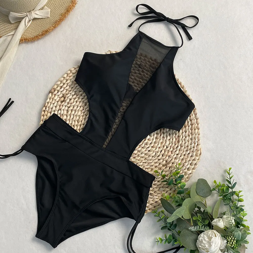 Women's One Piece Swimsuit Bathing Suit Deep High Neck Halter Back Tie Mesh Swimwear Beachwear