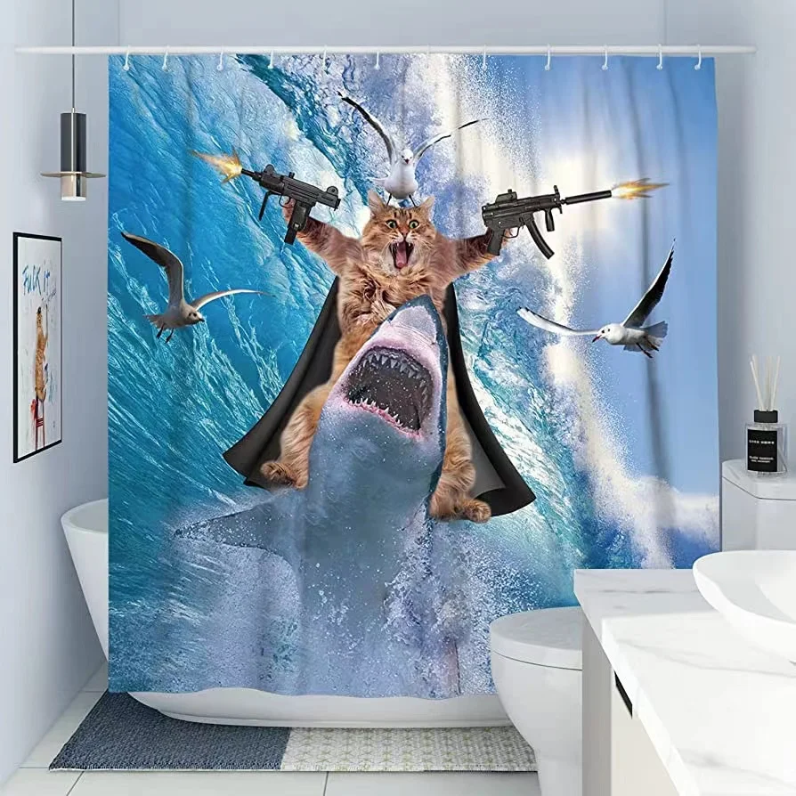 Funny Shower Curtain Cute Sea Cat Riding Shark Whale Cartoon Animal Creativity Kids Bathroom Decor Polyester Fabric Cloth Hooks