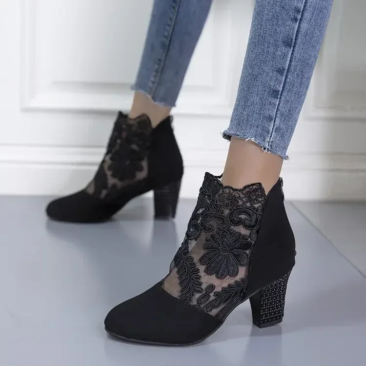 Women's Lace Heeled Shoes Fashion Ladies Roman Sandals Breathable Ladies Shoes Elegant Ladies Pumps New Mesh Sandalias De Tacón 3