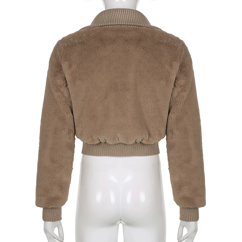 Y2k Fur Thicken Jackets Brown Warm Cropped Coat Autumn Winter Zipper Harajuku Overcoat Women Cute Casual Outwear 90s E Girl