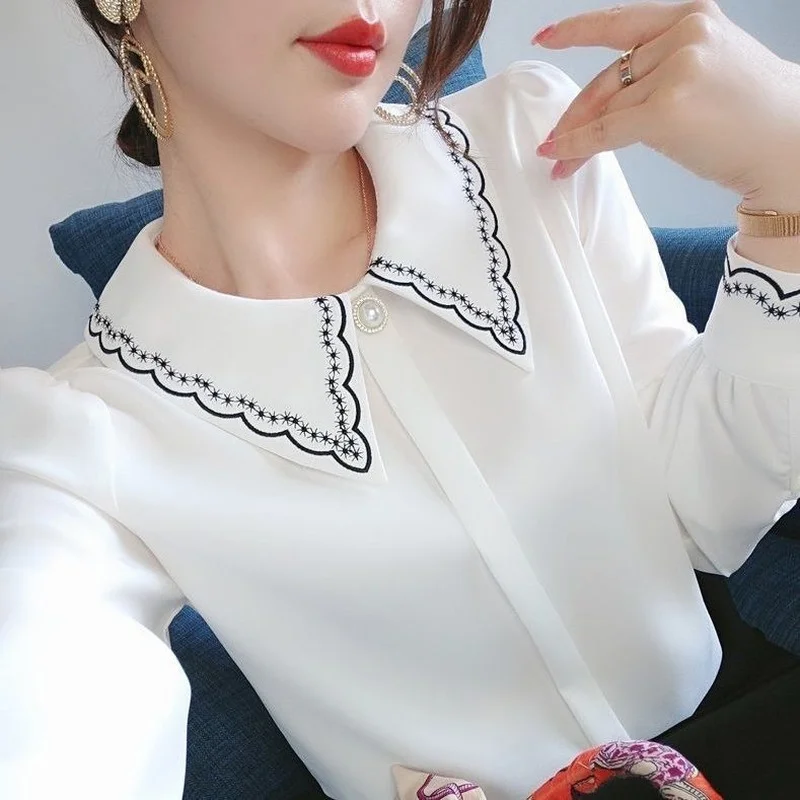 

Women's Chiffon Shirt Long Sleeve Jacket Spring Autumn Korean Fashion Designer High Quality Office Business Attire Embroidered