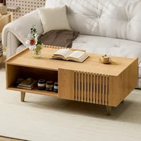 Fluted Coffee Table, Mid Century Modern Center Coffee Table with Cabinet Doors, Modern Farmhouse Coffee Table for Living Room 1