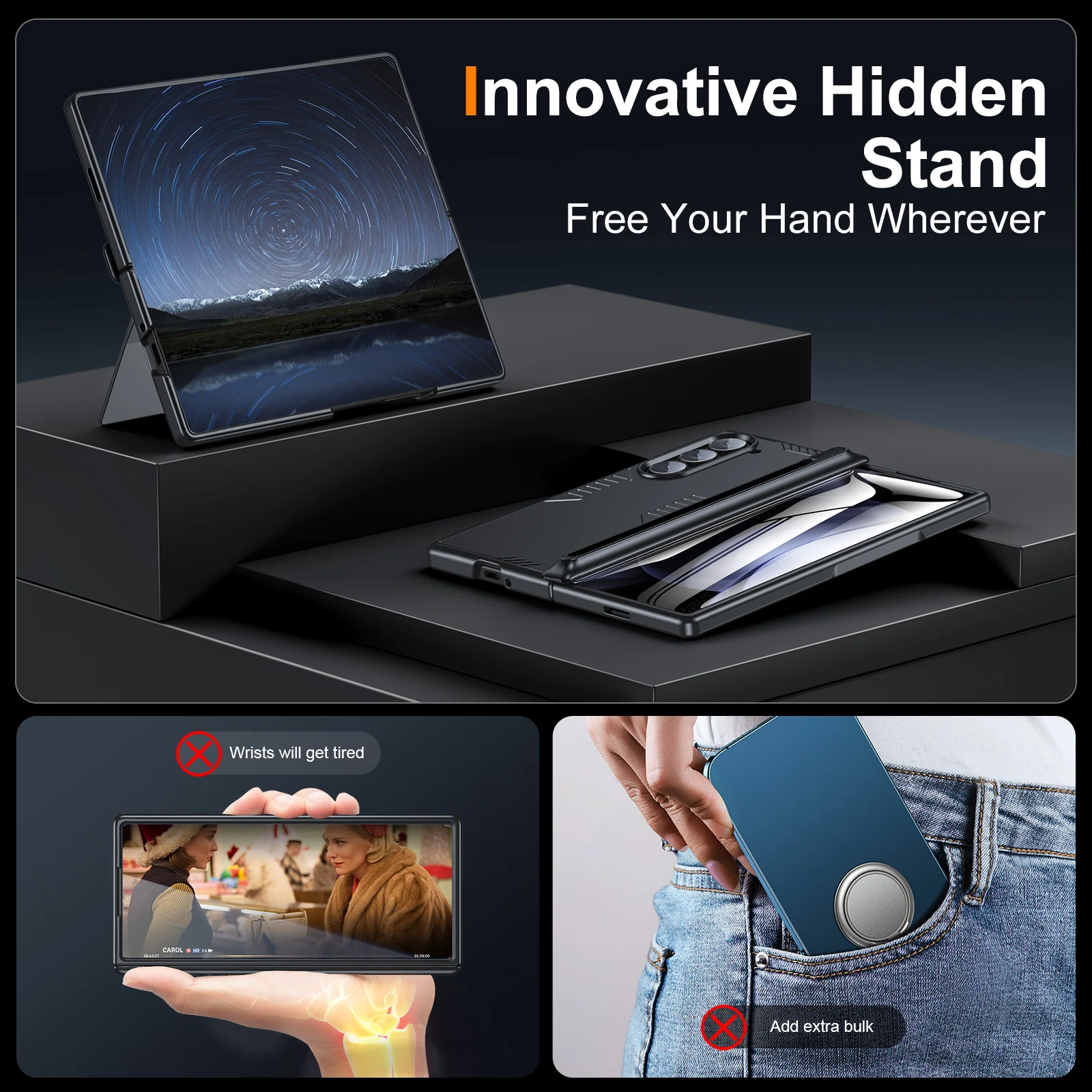 ‌Heavy-Duty Shockproof Phone Case with S Pen Holder & Screen Protector, Full-Body Hinge Protection Cover