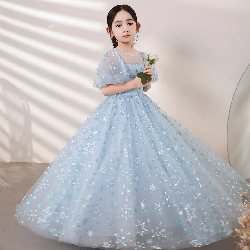 

Baby Girls Elegant Long Prom Tulle Gowns Kids Sequin Stars Wedding Flower Girl Dress Children Birthday Party Princess Robe y245