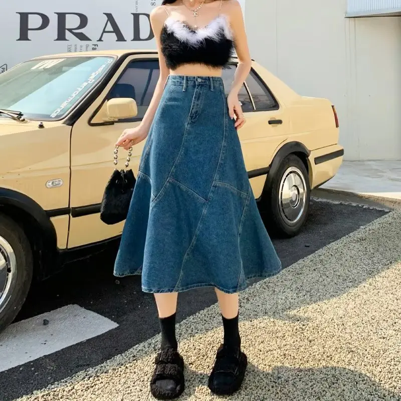 

Vintage Women Denim Trumpet Skirt Streetwear Casual Irregular Patchwork A Line High Waist Ladies Mermaid Jean Plaid Skirt 2023