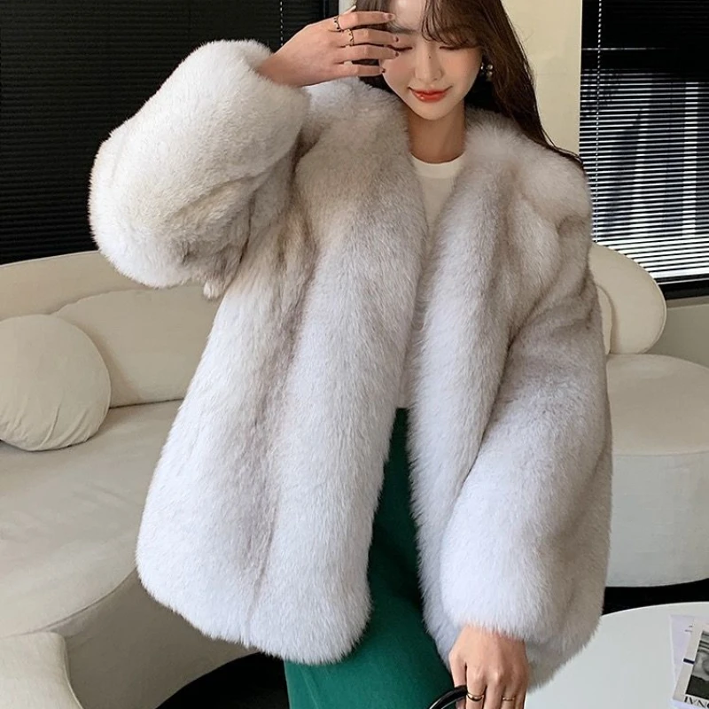 Faux Fox Fur Coat Women Mid Length Version V-neck Loose Outwear 2023 Winter New Thicken Warm Casual Jacket Fashion All-match Top