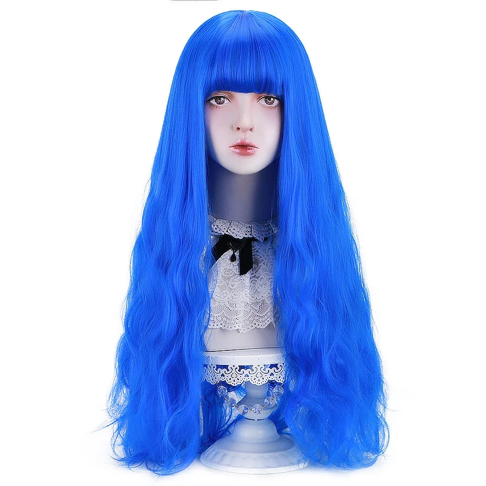 

AICKER Synthetic Long Wavy Wig Dark Bloned Red Blue Hair Wigs With Bangs For Women Lolita Cosplay Halloween Costume Party Cos