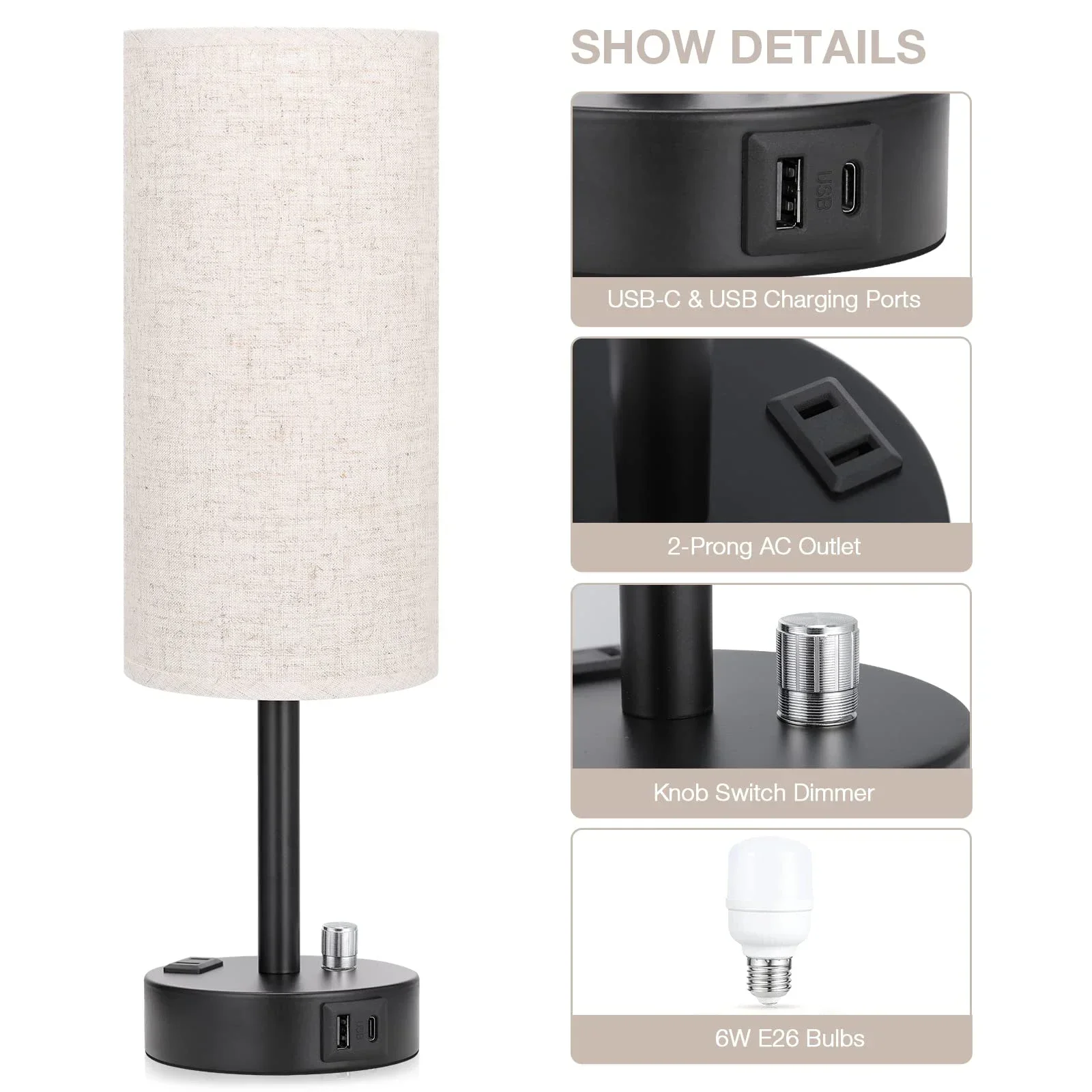 Set Di 2 Lampade Da Comodino Touch Dimmerabili - Con Porte USB E Prese CA, Paralume In Lino Beige, Per Camera Da Letto E Soggiorno - Foto 4