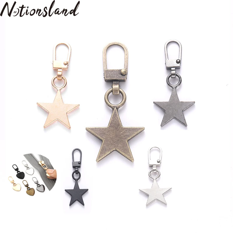 

5Pcs Detachable Sewing Zippers Puller Head Heart Shape Star Shape Metal Zipper Slider For Bags&Backpack Coat