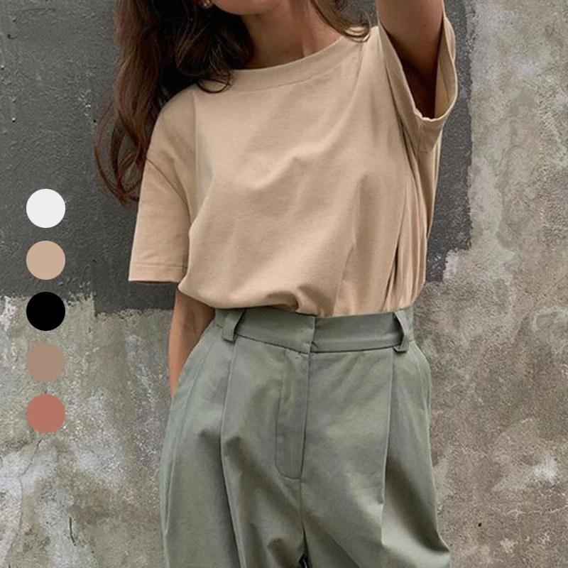 

Harajuku Basic Cotton T-shirt Women Summer New Style Large Size Solid Color Casual Loose Top Korean Round Neck Women's Top