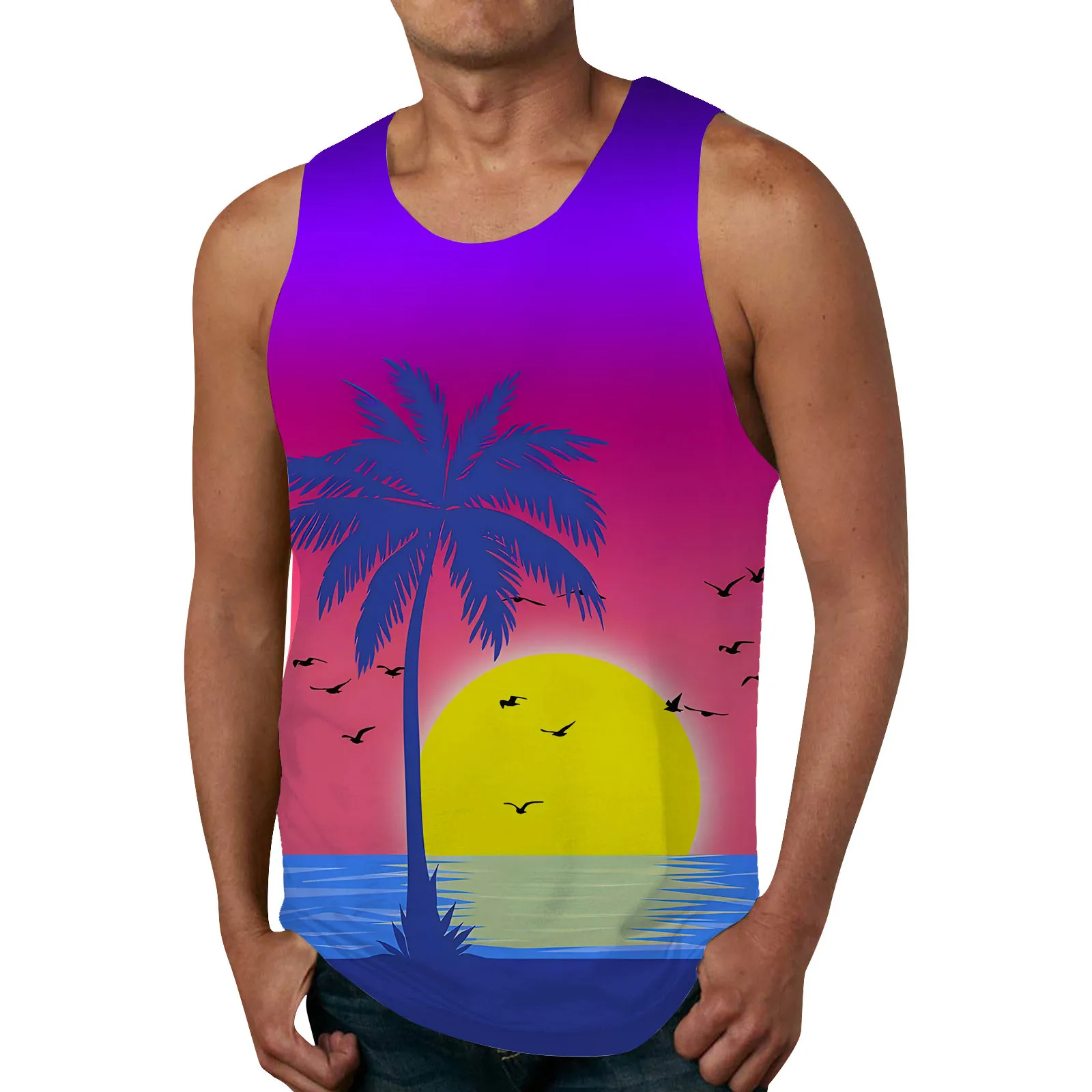 Hawaiian Tanks For Men Casual Fashionable Versatile Sleeveless Tank Summer Beach Printed Round Neck Tank Top футболка женский