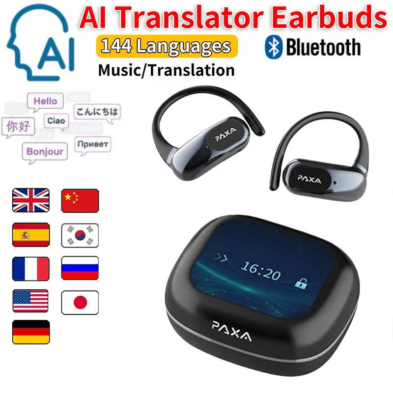 AI Translation Earbuds Real Time, 144 Language Translator Earbuds With APP Compatible With IOS & Android, Bluetooth Headphones Translating Device For Travel Business And Learning,Black-A
