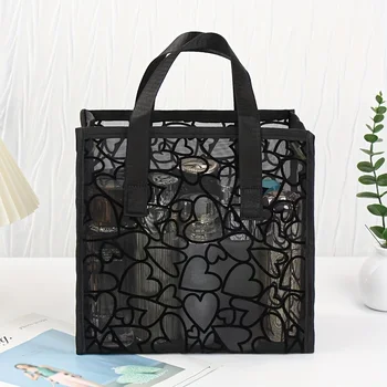 Borsa tote con motivo a cuore in rete nera: leggera, traspirante per viaggi e spiaggia con doppi manici, riporre il trucco, borsa da spiaggia oversize