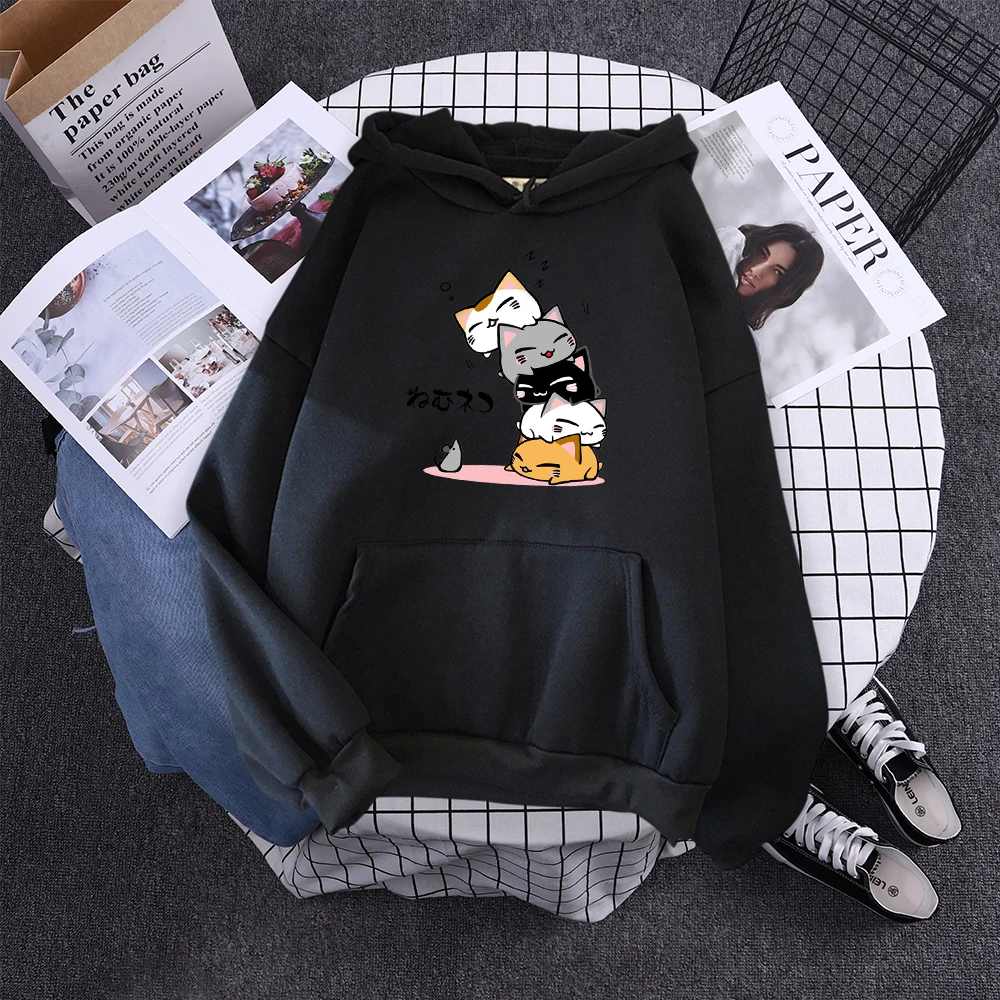 Cute Stacked Cats Sleeping Don'T See The Mouse Women Hoodies Fashion Loose Pullover Casual Fleece Hoody Trend Soft Female Sweat