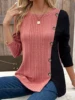 Ribbed Colorblock Button Decor T-Shirt，Casual Long Sleeve Top For Spring & Fall，Women's Clothing 1