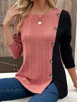 Ribbed Colorblock Button Decor T-Shirt，Casual Long Sleeve Top For Spring & Fall，Women's Clothing 1