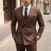 Fashion Double Breasted Peak Lapel Blazer Brown Stripe Regular Length Men's Suits Custom Wedding 2 Piece Jacket Pants Outfits 1