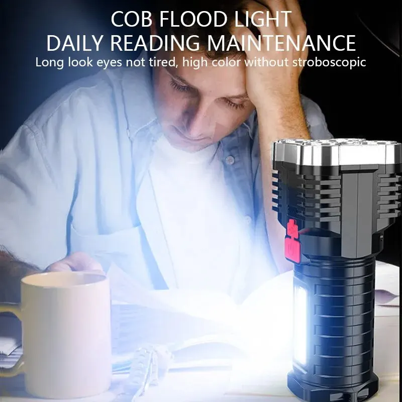 5LED 고출력 LED 손전등, 충전식 캠핑 스포트라이트, 측면 조명 포함, 3 가지 조명 모드, 야외 캠핑 모험