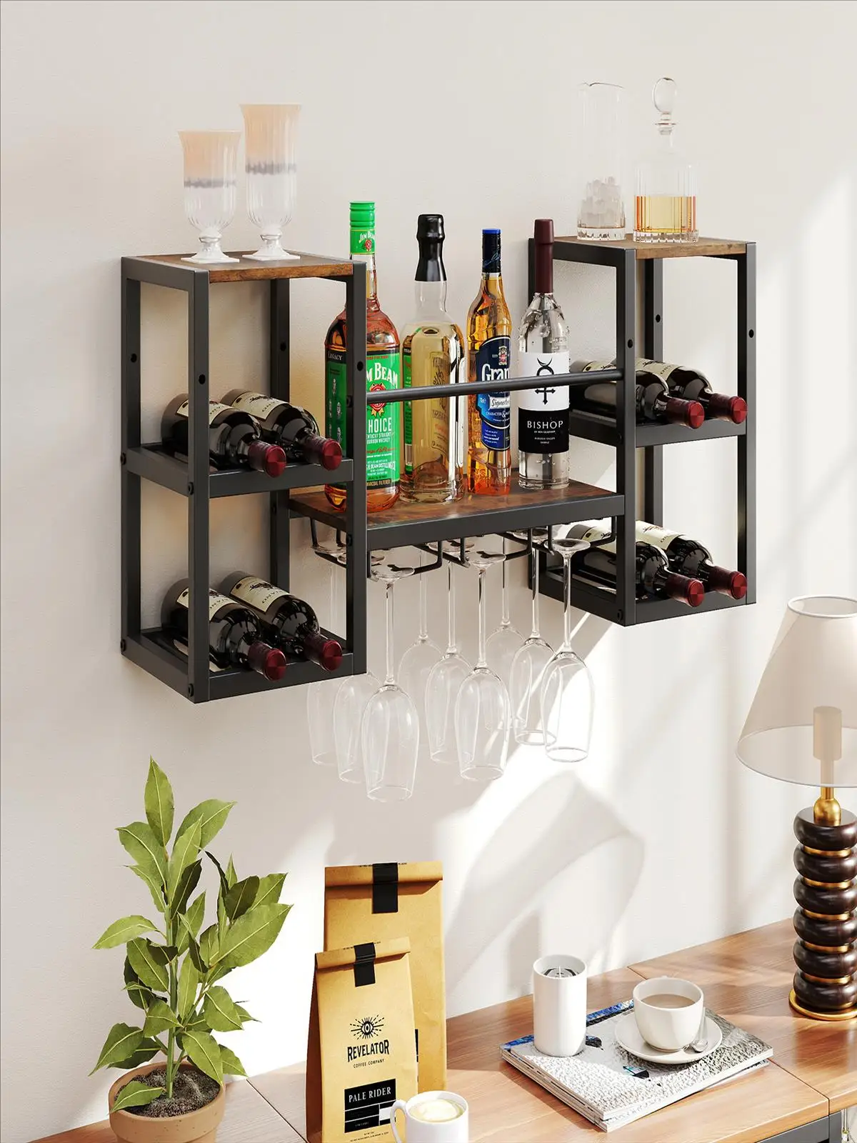 Wand-Weinregal, Flaschenregal für 8 Flaschen & 9 Weingläser, Wandregal aus Holz mit Metallrahmen – Detail 1