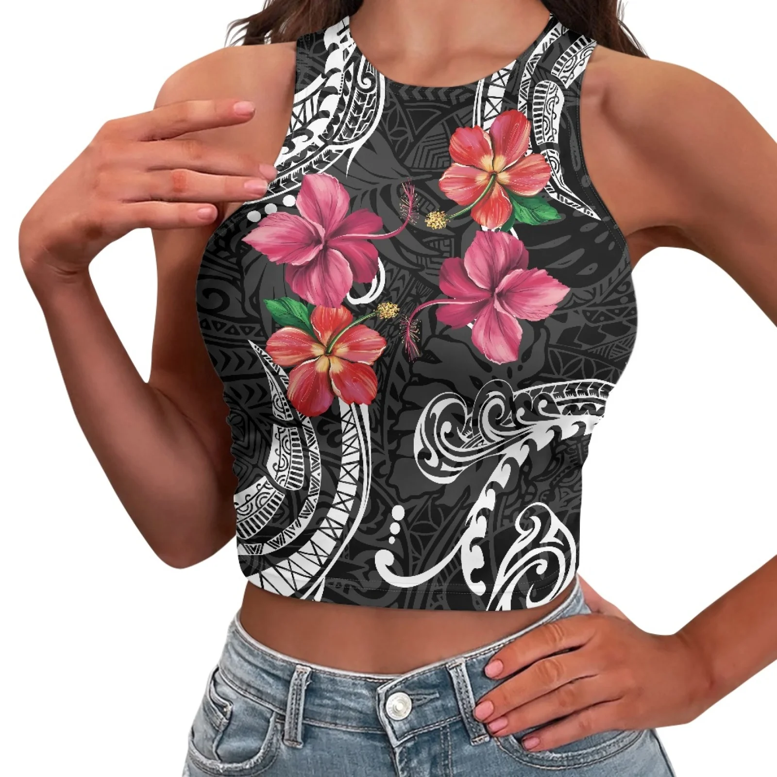 

Polynesian Tribal Samoan Totem Tattoo Samoa Prints Stylish Sleeveless Slim Bottoming Vest Cool Girls Clubwear Art Floral Pattern