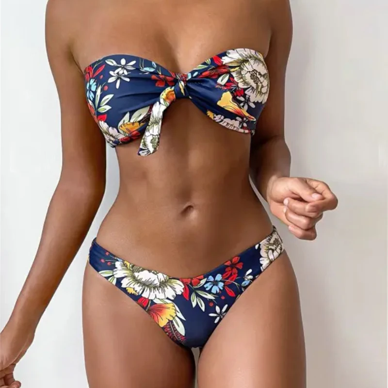 plain two-piece swimsuit. ZAFUL Womens bandeau bikini set high cut collar