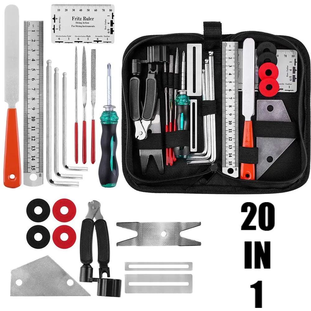 Guitar Tool Kit Repairing Maintenance Tools Guitar Care 3 in 1 String Winder Leveling Action Ruler Fret Sanding File Set 20PCS