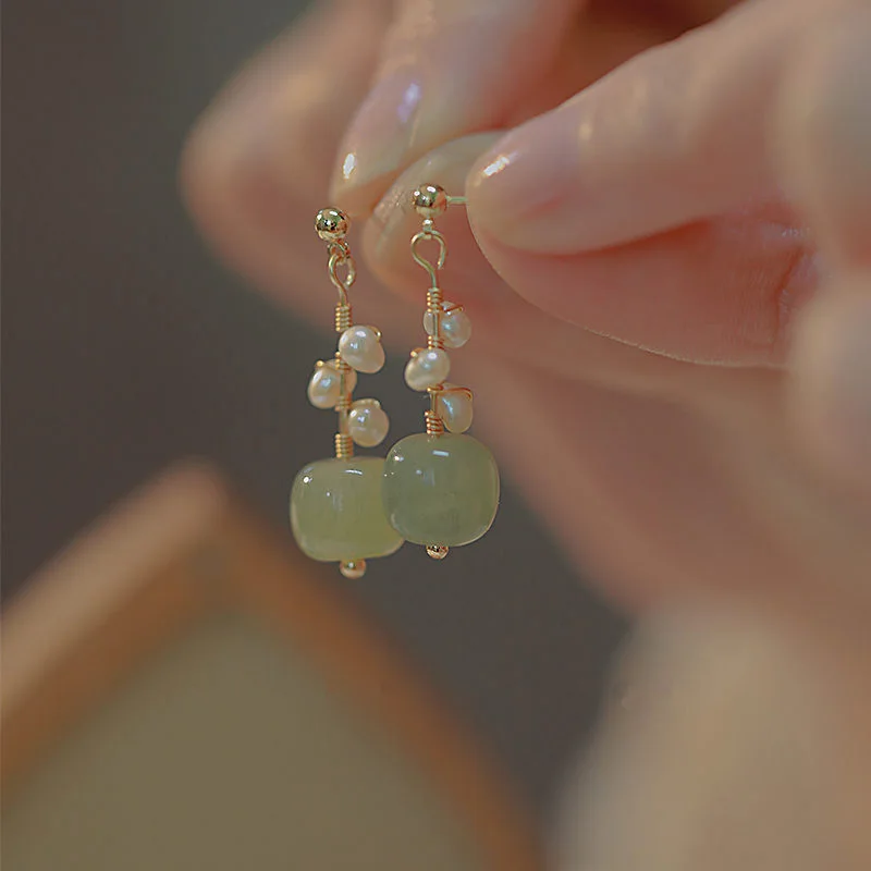 Orecchini di giada,Orecchini pendenti pendenti,Eleganti orecchini pendenti vintage in giada Hetian for le donne Orecchini in pietra rotonda verde Linea auricolare Gioielli Gioielli squisiti Regali