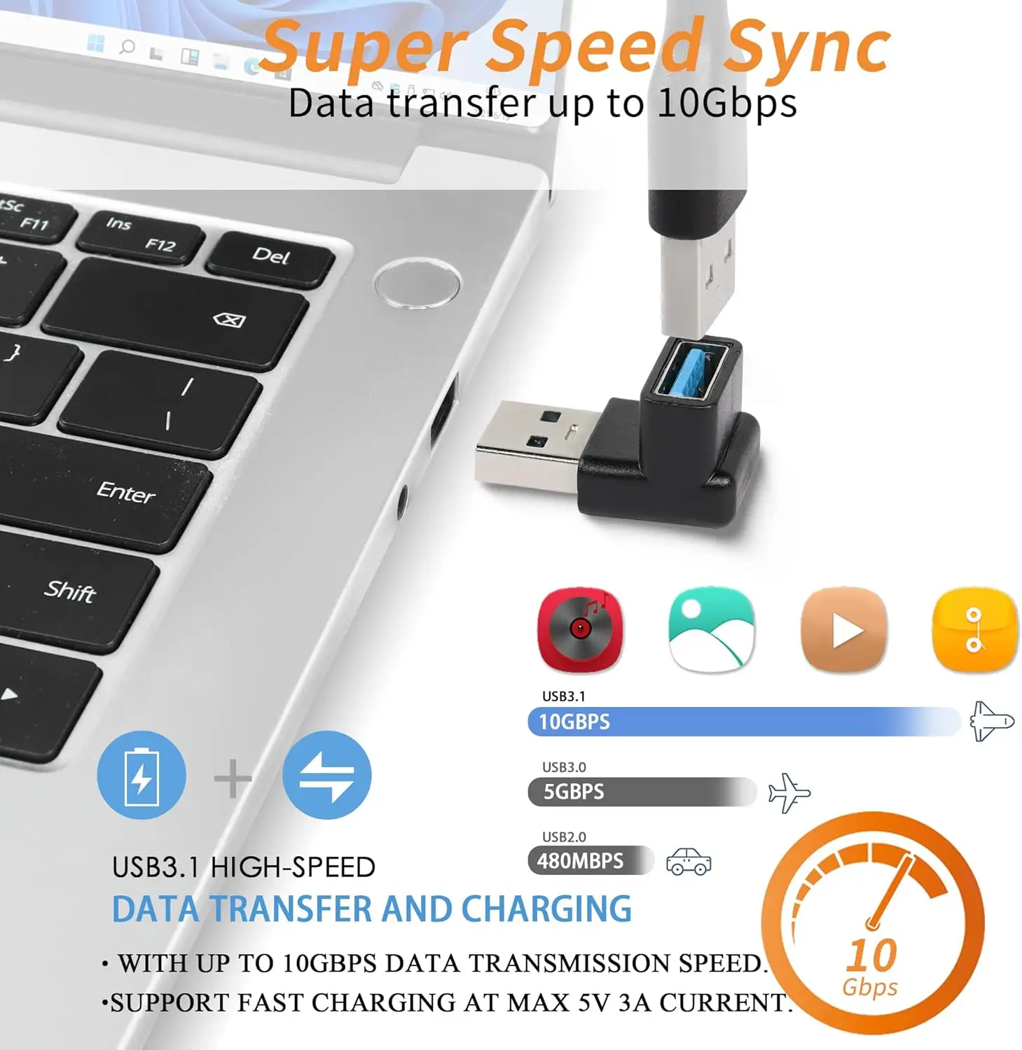 10Gbps USB 3.2 남성-여성 어댑터, 90도 L자형 USB 연장 커넥터, USB 3.0/2.0 장치와 호환 가능