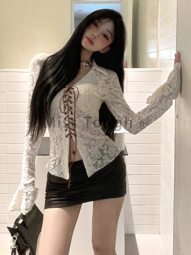 우아한 레이스 플레어 슬리브 상의, 여성 패션 Y2k V넥 솔리드 베이스 셔츠, 여성 디자인, 섹시한 레이스업 싱글 피스 탑, 프랑스 신상