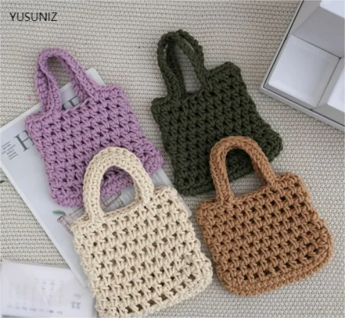 

YUSUNIZ Fashion Women's Hollow Bag Handbag Cotton Rope Hand Woven Bag Girl Cosmetics Mobile Phone Casual Vacation Beach Lady Bag